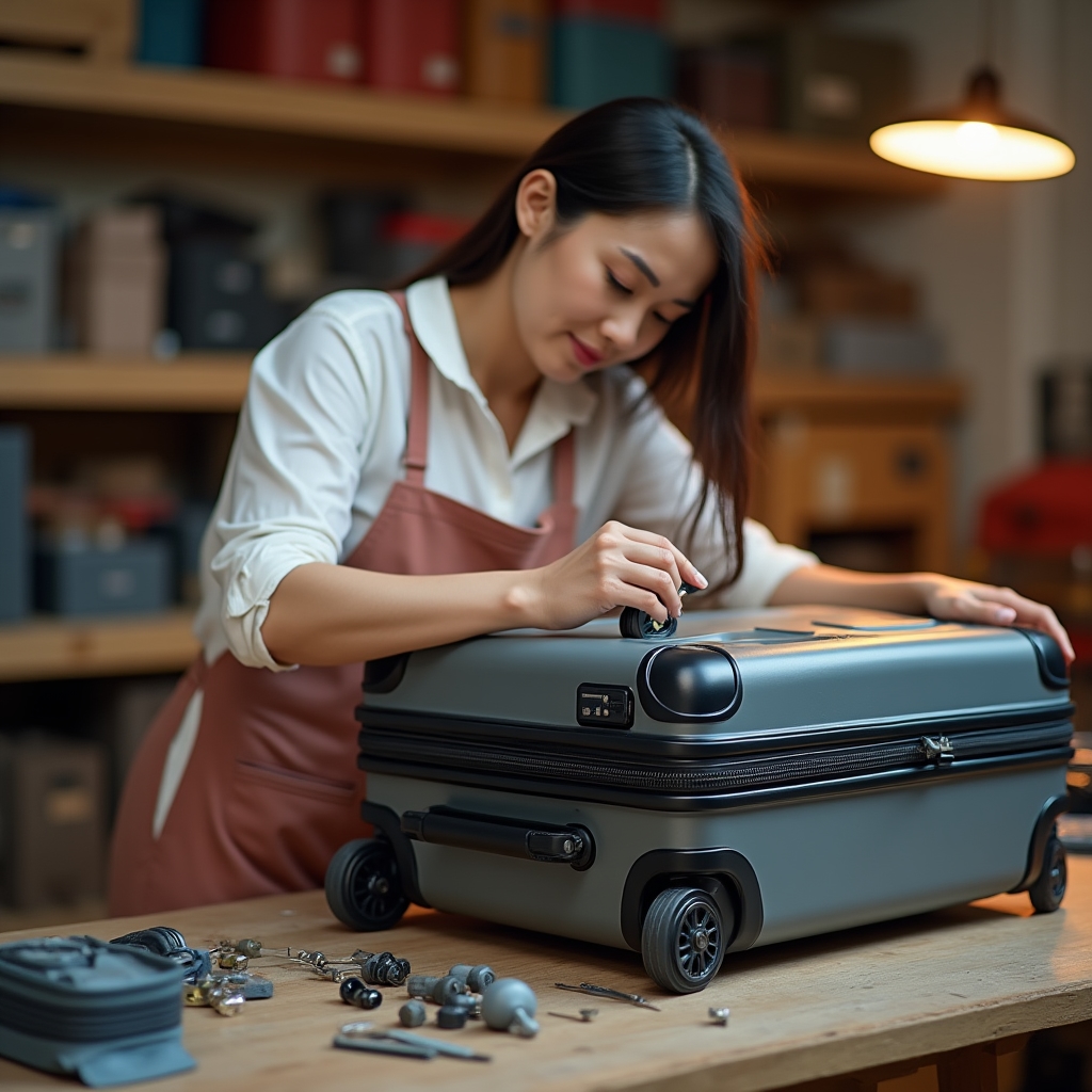 Мастер за работой в мастерской по ремонту чемоданов