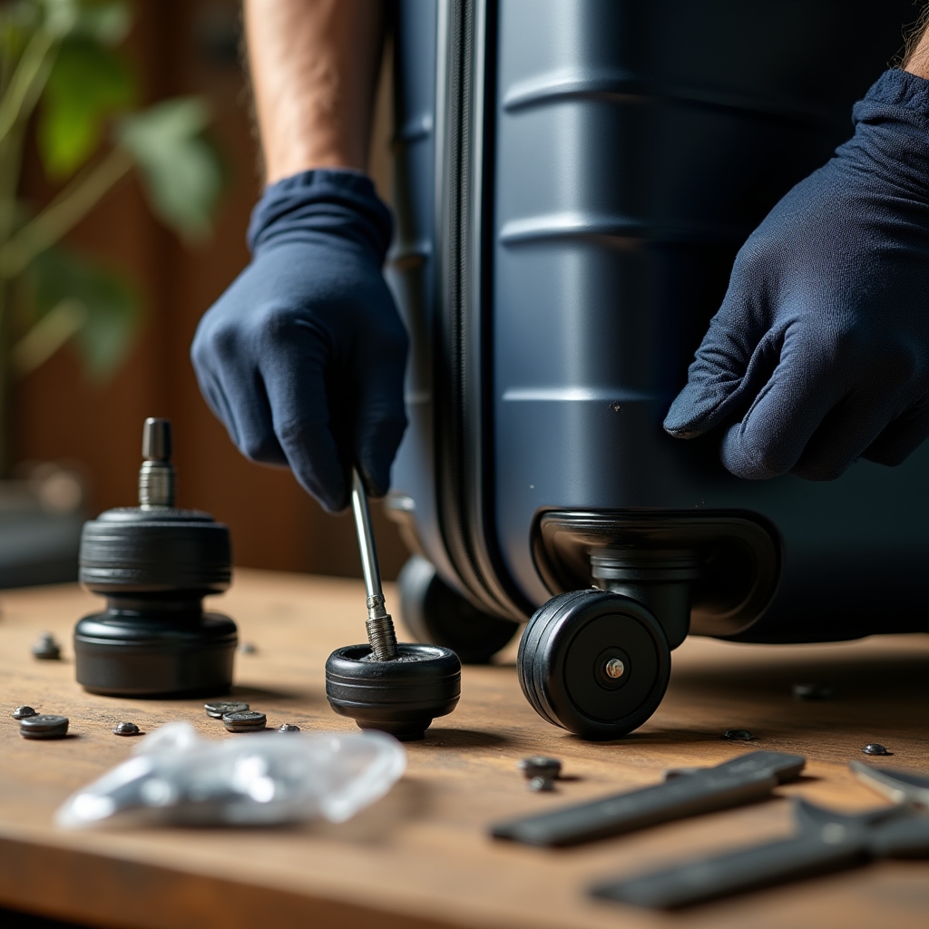 Процесс замены колёс на чемодане