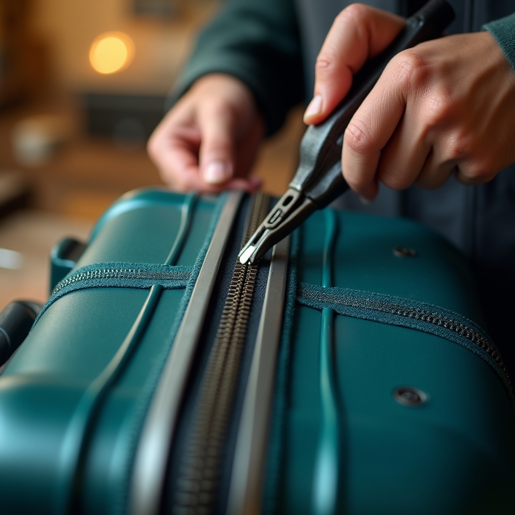 Замена молнии на чемодане крупным планом